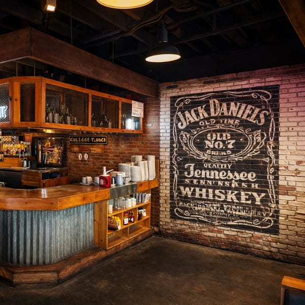 A rustic bar area with a wooden counter, brick walls, and a large Jack Daniel's mural.