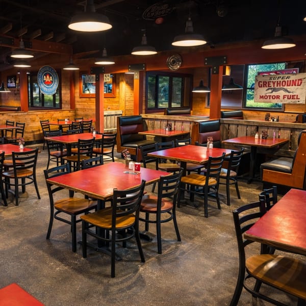 Rustic restaurant interior with red-topped tables, black chairs, wooden walls, and industrial pendant lighting.