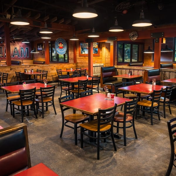 Restaurant interior with red tables, black chairs, wooden walls, and booth seating under industrial lighting.